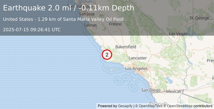 Earthquake 5 km NNE of Orcutt, CA (2.0 ml) (2025-07-15 09:26:41 UTC)