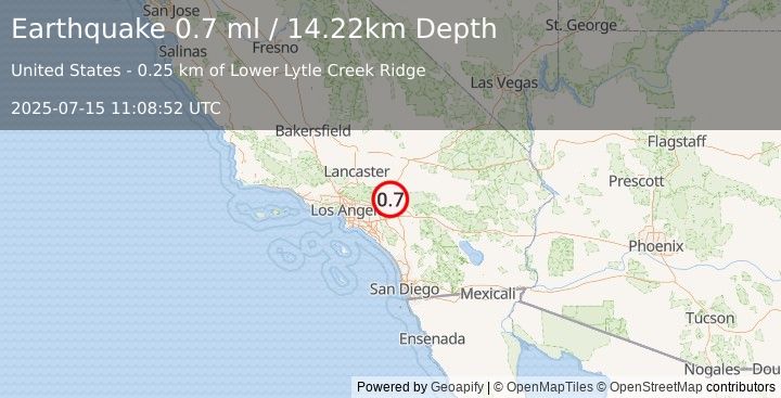Earthquake 4 km WNW of Devore, CA (0.7 ml) (2025-07-15 11:08:52 UTC)