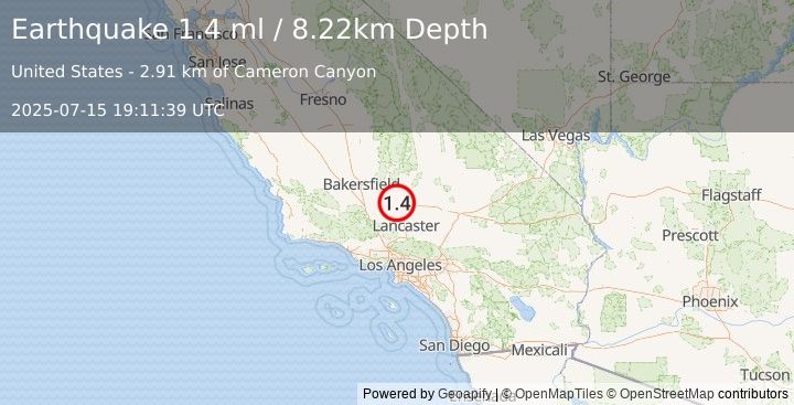 Earthquake 12 km W of Mojave, CA (1.4 ml) (2025-07-15 19:11:39 UTC)