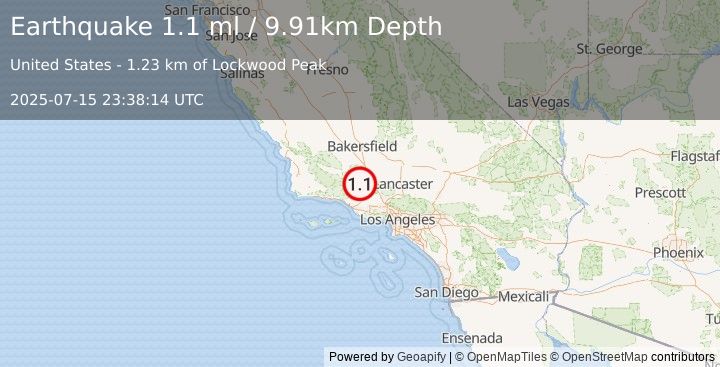 Earthquake 18 km SW of Frazier Park, CA (1.1 ml) (2025-07-15 23:38:14 UTC)