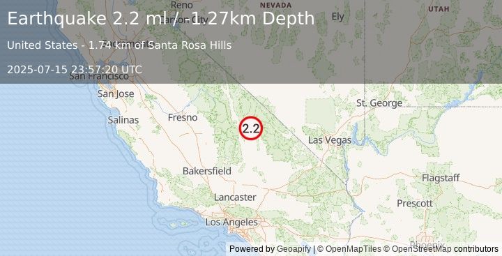 Earthquake 39 km ENE of Olancha, CA (2.2 ml) (2025-07-15 23:57:20 UTC)