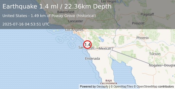 Earthquake 4 km SSW of Poway, CA (1.4 ml) (2025-07-16 04:53:51 UTC)