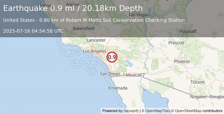 Earthquake 6 km E of Winchester, CA (0.9 ml) (2025-07-16 04:54:58 UTC)