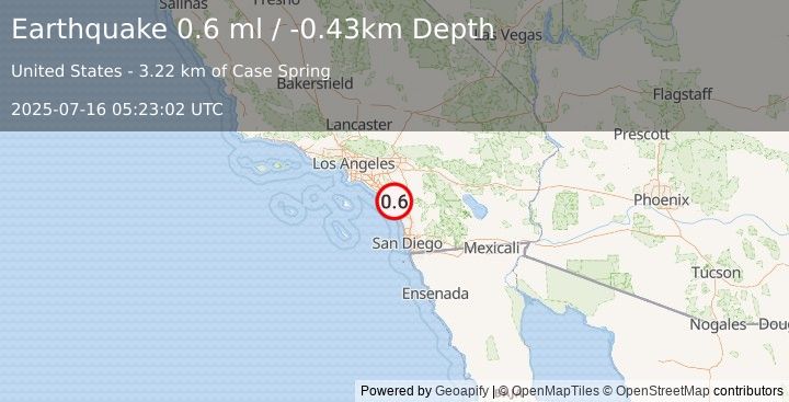 Earthquake 15 km NW of Camp Pendleton North, CA (0.6 ml) (2025-07-16 05:23:02 UTC)