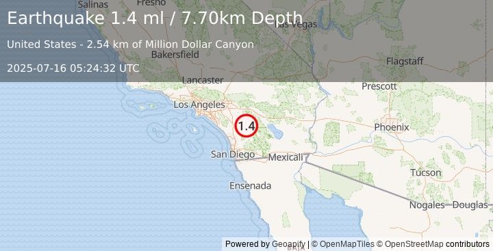 Earthquake 9 km SSW of Anza, CA (1.4 ml) (2025-07-16 05:24:32 UTC)