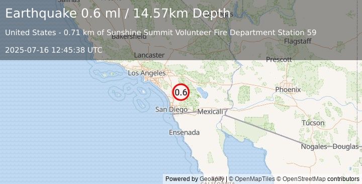 Earthquake 11 km E of Palomar Observatory, CA (0.6 ml) (2025-07-16 12:45:38 UTC)
