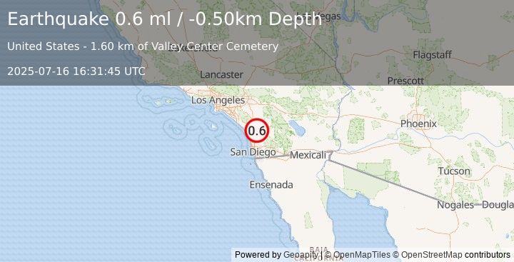 Earthquake 4 km NNW of Valley Center, CA (0.6 ml) (2025-07-16 16:31:45 UTC)