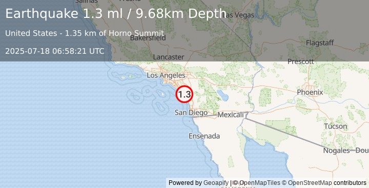 Earthquake 14 km WNW of Camp Pendleton North, CA (1.3 ml) (2025-07-18 06:58:21 UTC)