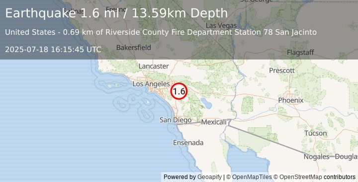 Earthquake 5 km W of San Jacinto, CA (1.6 ml) (2025-07-18 16:15:45 UTC)