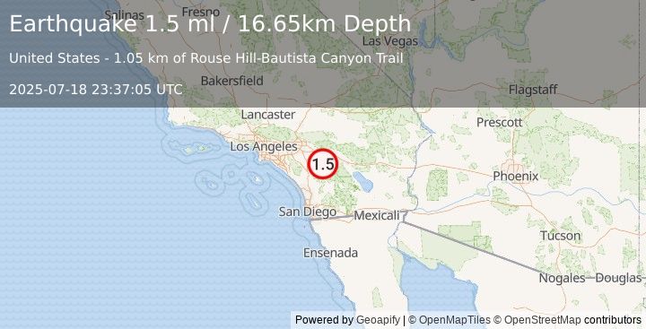 Earthquake 10 km SW of Idyllwild, CA (1.5 ml) (2025-07-18 23:37:05 UTC)