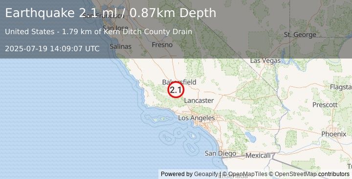 Earthquake 22 km E of Maricopa, CA (2.1 ml) (2025-07-19 14:09:08 UTC)