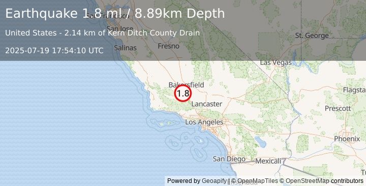 Earthquake 22 km E of Maricopa, CA (1.8 ml) (2025-07-19 17:54:10 UTC)