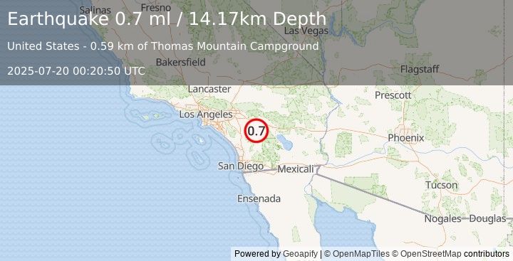 Earthquake 8 km N of Anza, CA (0.7 ml) (2025-07-20 00:20:50 UTC)