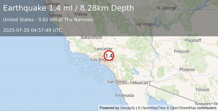 Earthquake 16 km SW of Wrightwood, CA (1.6 ml) (2025-07-20 04:57:50 UTC)