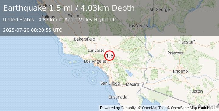 Earthquake 9 km ESE of Hesperia, CA (1.5 ml) (2025-07-20 08:20:55 UTC)