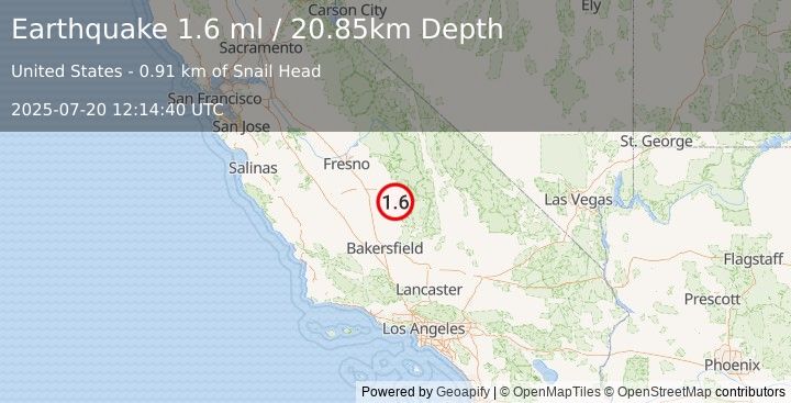 Earthquake 20 km ENE of Porterville, CA (1.6 ml) (2025-07-20 12:14:40 UTC)