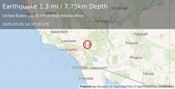Earthquake 35 km N of Yucca Valley, CA (1.3 ml) (2025-07-20 14:37:16 UTC)