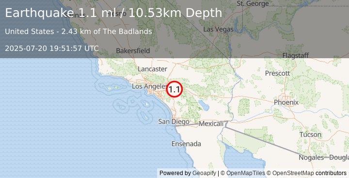 Earthquake 9 km E of Moreno Valley, CA (1.1 ml) (2025-07-20 19:51:57 UTC)