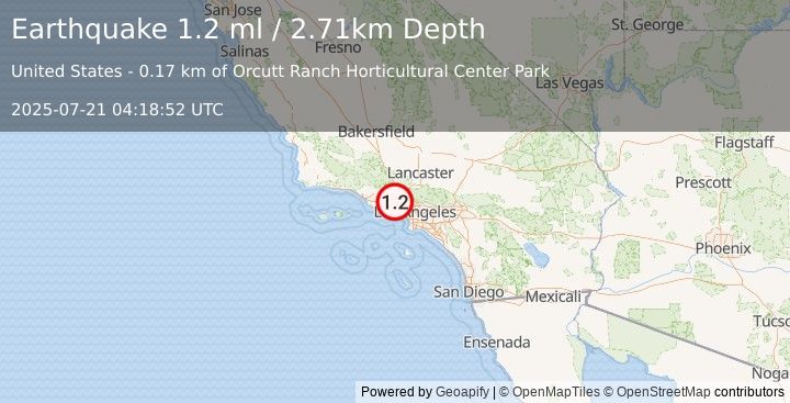 Earthquake 2 km N of West Hills, CA (1.2 ml) (2025-07-21 04:18:52 UTC)