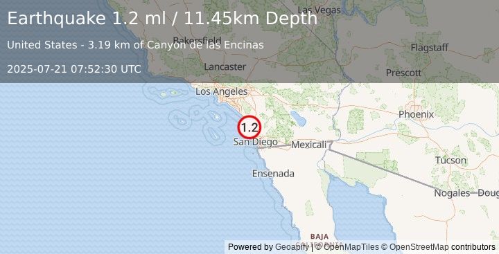 Earthquake 6 km S of Carlsbad, CA (1.2 ml) (2025-07-21 07:52:30 UTC)