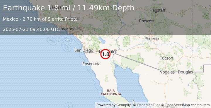 Earthquake 12 km SSE of Progreso, B.C., MX (1.8 ml) (2025-07-21 09:40:00 UTC)
