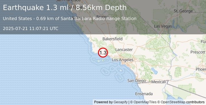 Earthquake 10 km NNW of Santa Barbara, CA (1.3 ml) (2025-07-21 11:07:21 UTC)