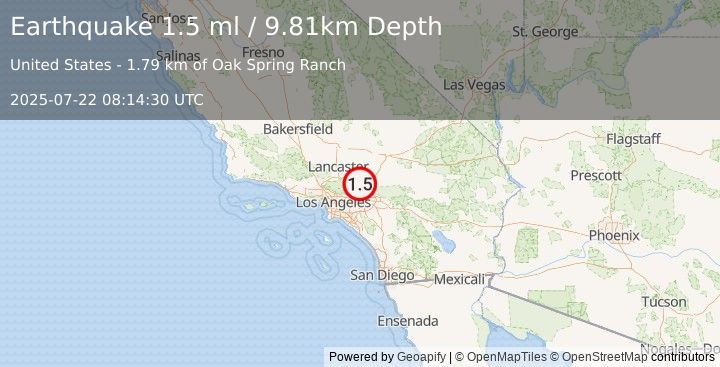 Earthquake 4 km NW of Wrightwood, CA (1.5 ml) (2025-07-22 08:14:30 UTC)