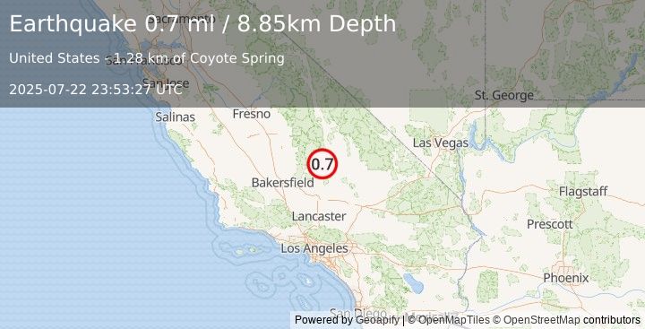 Earthquake 23 km WNW of Inyokern, CA (0.7 ml) (2025-07-22 23:53:27 UTC)