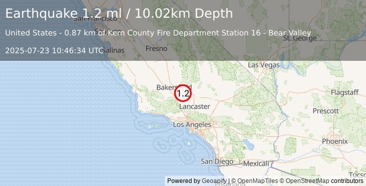 Earthquake 17 km WNW of Tehachapi, CA (1.2 ml) (2025-07-23 10:46:34 UTC)