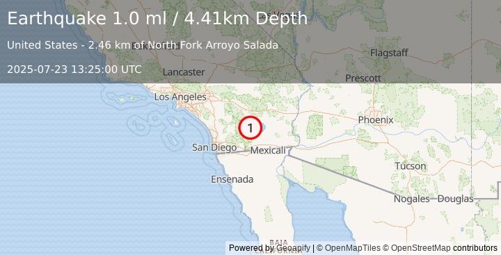 Earthquake 9 km SW of Salton City, CA (1.0 ml) (2025-07-23 13:25:00 UTC)