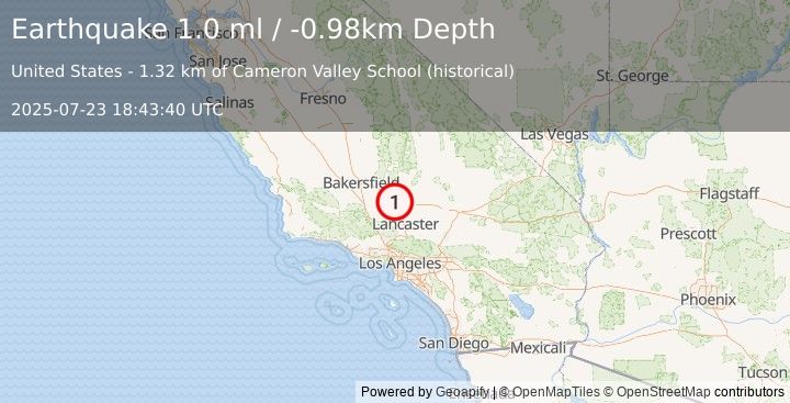 Earthquake 12 km SE of Tehachapi, CA (1.0 ml) (2025-07-23 18:43:40 UTC)
