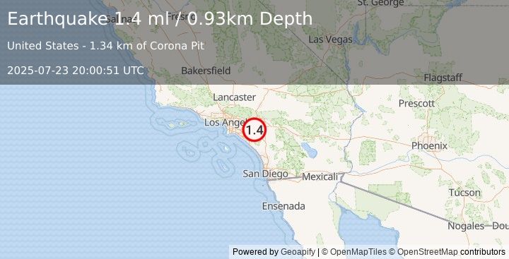 Earthquake 2 km SSE of Home Gardens, CA (1.4 ml) (2025-07-23 20:00:51 UTC)