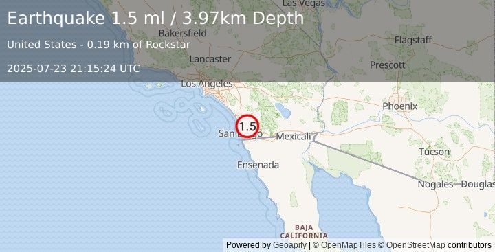 Earthquake 6 km NNW of Lakeside, CA (1.5 ml) (2025-07-23 21:15:24 UTC)