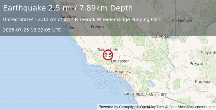 Earthquake 14 km NNW of Grapevine, CA (2.5 ml) (2025-07-25 12:32:05 UTC)