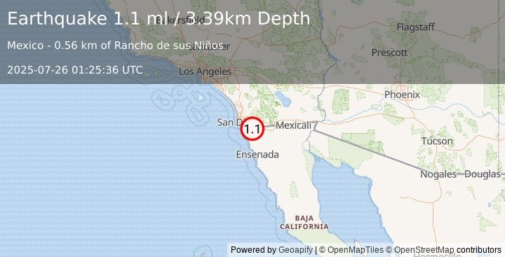 Earthquake 13 km WSW of Tecate, B.C., MX (1.2 ml) (2025-07-26 01:25:35 UTC)