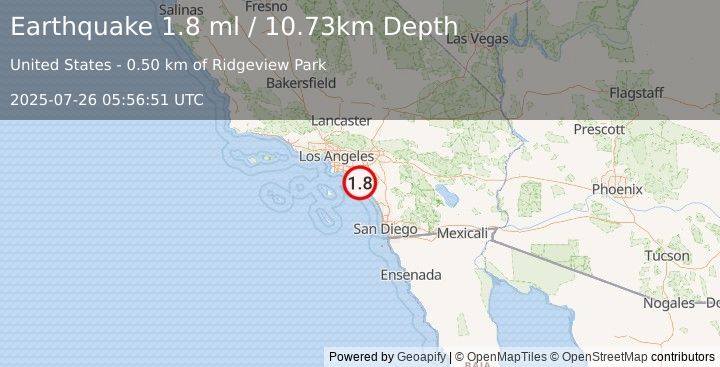 Earthquake 2 km S of Aliso Viejo, CA (1.8 ml) (2025-07-26 05:56:51 UTC)