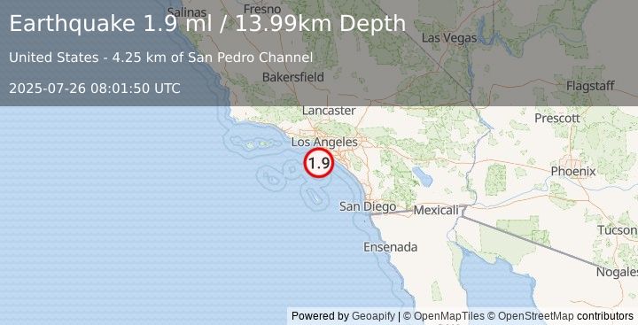 Earthquake 14 km S of Rancho Palos Verdes, CA (1.9 ml) (2025-07-26 08:01:49 UTC)
