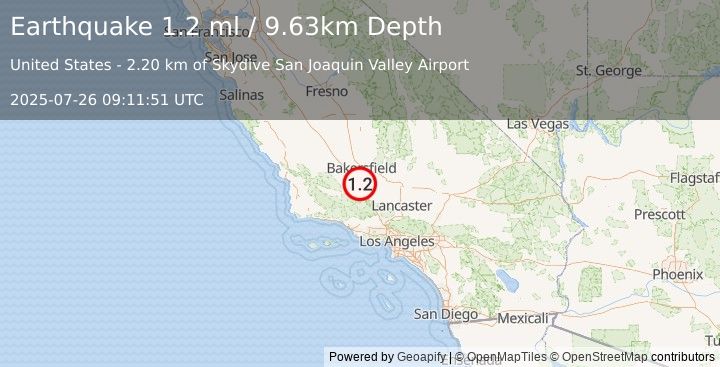 Earthquake 20 km NW of Grapevine, CA (1.2 ml) (2025-07-26 09:11:51 UTC)