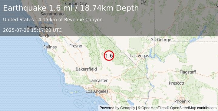 Earthquake 45 km N of Searles Valley, CA (1.6 ml) (2025-07-26 15:17:20 UTC)