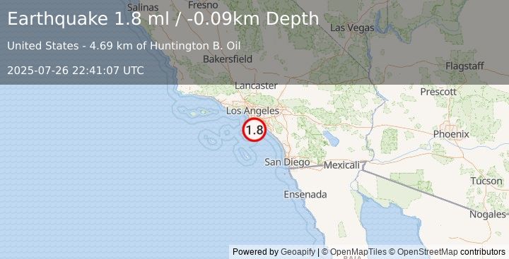 Earthquake 22 km SSW of Seal Beach, CA (1.8 ml) (2025-07-26 22:41:07 UTC)