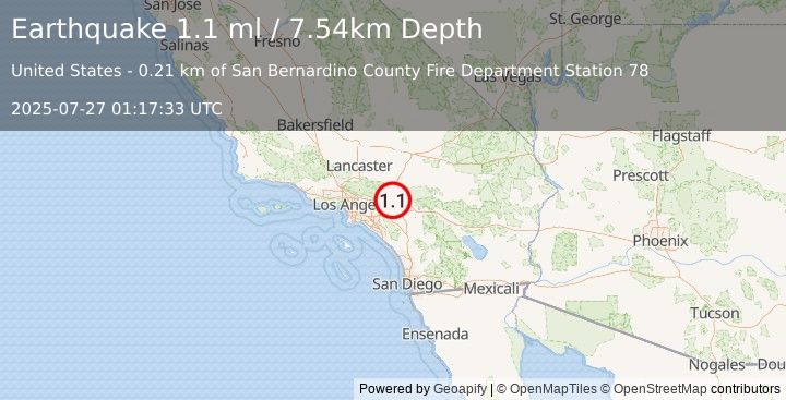 Earthquake 3 km N of Fontana, CA (1.1 ml) (2025-07-27 01:17:33 UTC)