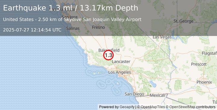 Earthquake 19 km NW of Grapevine, CA (1.3 ml) (2025-07-27 12:14:54 UTC)