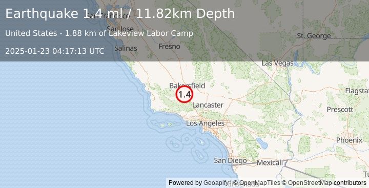 Earthquake 24 km NW of Grapevine, CA (1.4 ml) (2025-01-23 04:17:13 UTC)