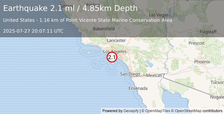 Earthquake 6 km WSW of Rancho Palos Verdes, CA (2.1 ml) (2025-07-27 20:07:11 UTC)