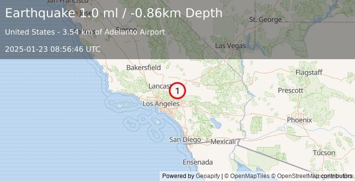 Earthquake 11 km SW of Adelanto, CA (1.0 ml) (2025-01-23 08:56:46 UTC)