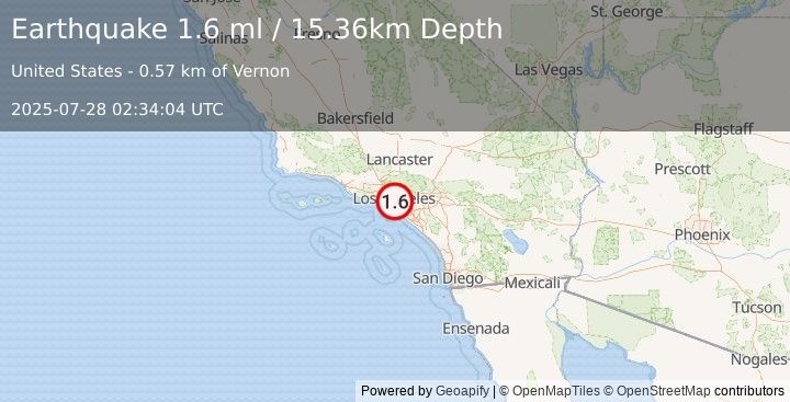Earthquake 2 km N of Huntington Park, CA (1.6 ml) (2025-07-28 02:34:04 UTC)