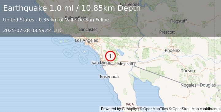 Earthquake 8 km ENE of Julian, CA (1.0 ml) (2025-07-28 03:59:44 UTC)