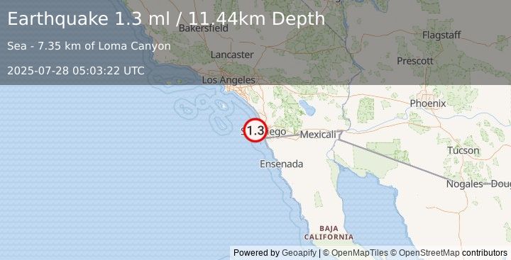 Earthquake 17 km SW of La Jolla, CA (1.3 ml) (2025-07-28 05:03:22 UTC)