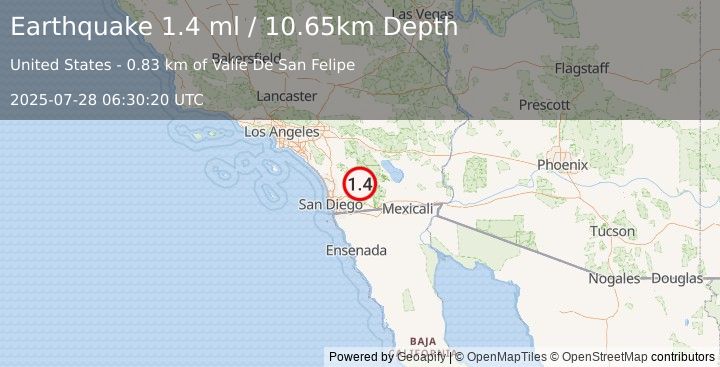 Earthquake 8 km ENE of Julian, CA (1.4 ml) (2025-07-28 06:30:20 UTC)