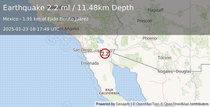 Earthquake 14 km SW of Puebla, B.C., MX (2.2 ml) (2025-01-23 18:17:49 UTC)